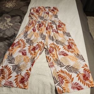 Justify Strapless Tropical Leaf Jumpsuit - White, Orange, Brown